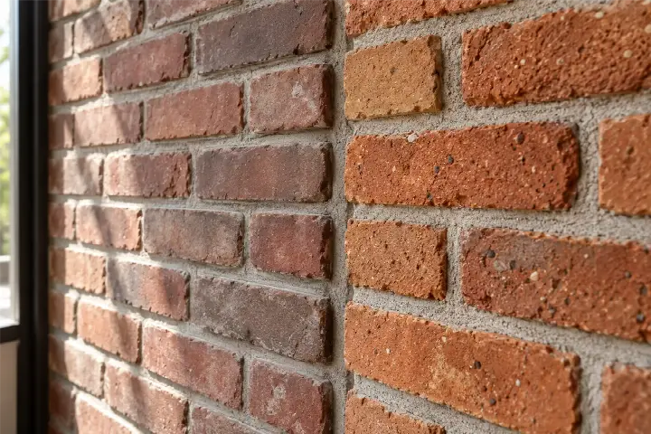 Old Brick kültür tuğlası ile el yapımı kil kaplama tuğlanın aynı duvarda yan yana uygulanmış yakın plan görünümü