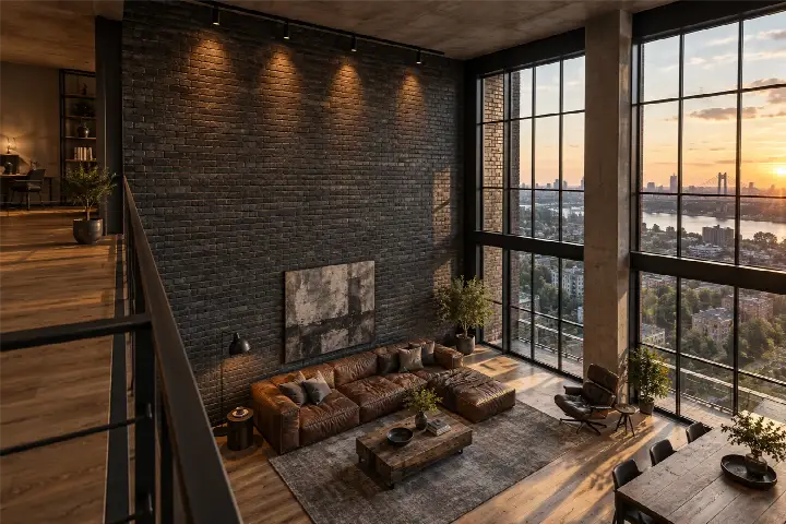 Antracita Authentic Brick kaplı çift yükseklikli loft duvarı, siyah metal doğramalı büyük pencereler ve beton tavan