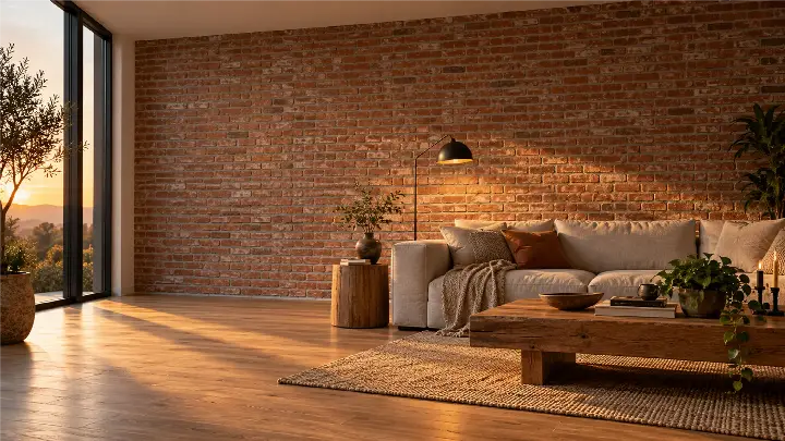 Kültür tuğlası kaplı sıcak ışıklı oturma odası duvarı
